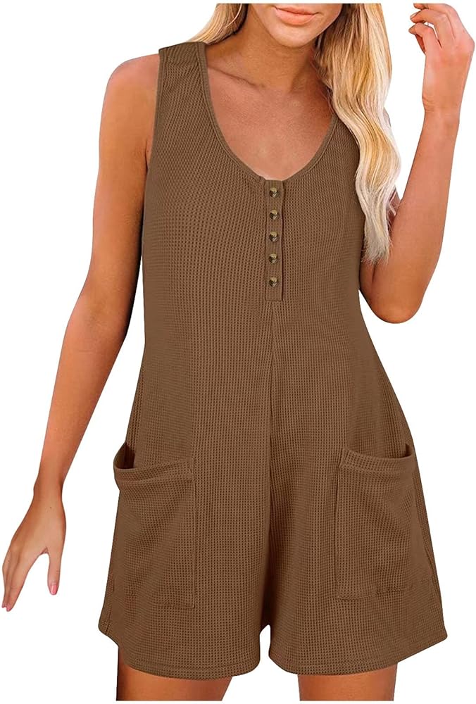 Women's Jumpsuits Neck with Pockets Sleeveless Button Down Tank Top Jumpsuit Shorts Rompers Jumpsuits Dressy