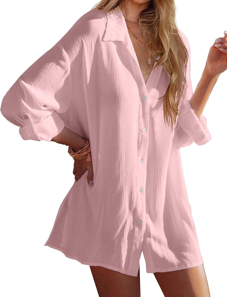 LYHNMW Women Beach Cover Up Roll-up Sleeve Button Down Shirts Bathing Suit Cover up Beachwear Swimsuit Covers