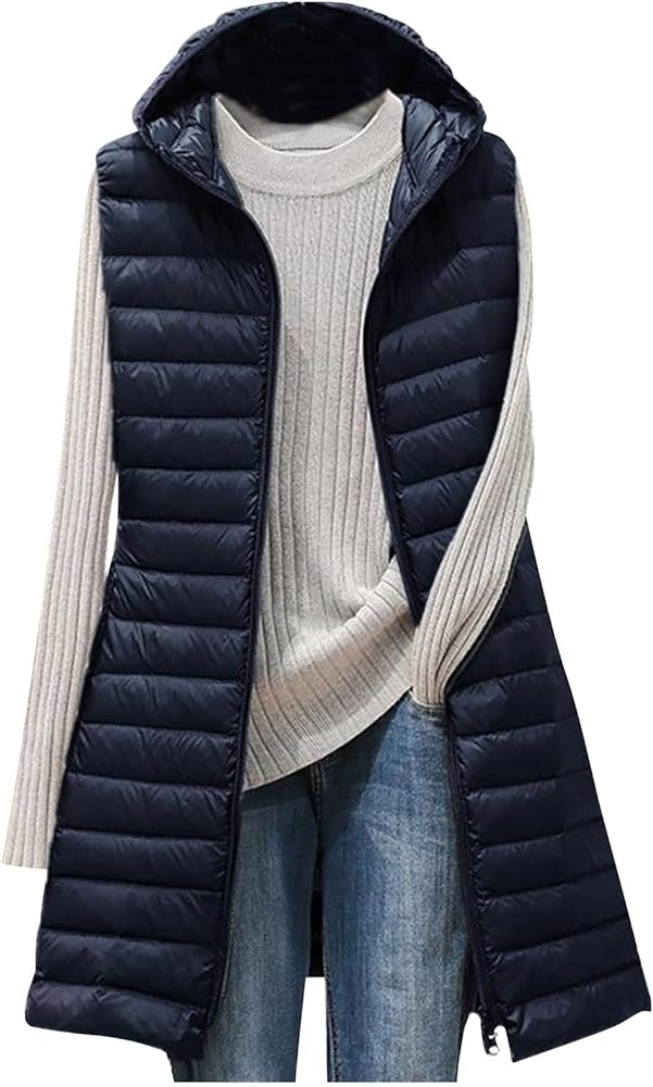 Long Puffer Vest for Women with Hood Sleeveless Puffer Jacket Lightweight Down Vest Full Zip Winter Quilted Coat