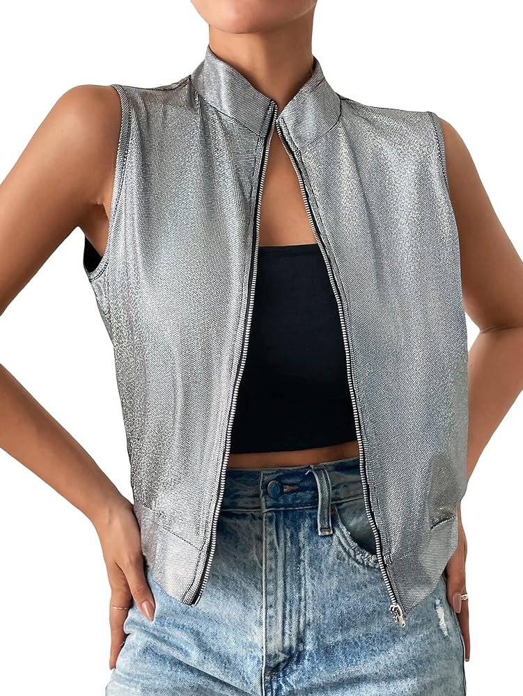 WDIRARA Women's Zip Up Sleeveless Sparkly Metallic Lightweight Vest Party Jacket