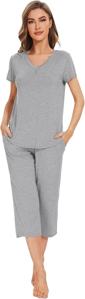 WiWi Viscose from Bamboo Pajamas Set for Women Summer Sleepwear Pjs Comfy Short Sleeve Tops Capri Pants Sets S-XXL