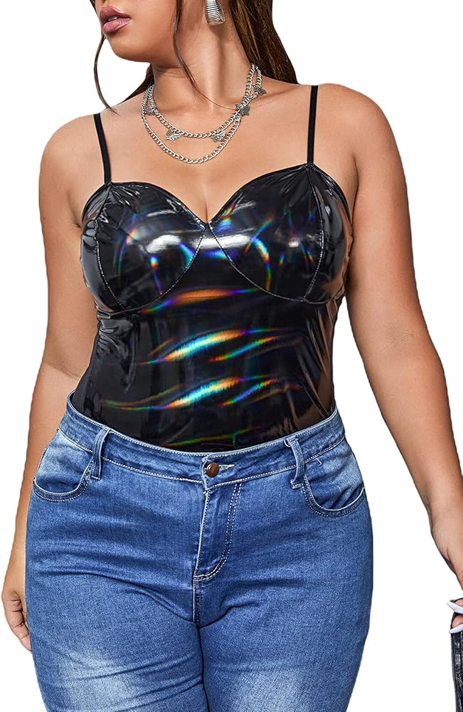 WDIRARA Women's Plus Size Metallic PU Leather Sleeveless Party Cami Bodysuit Tops Clubwear