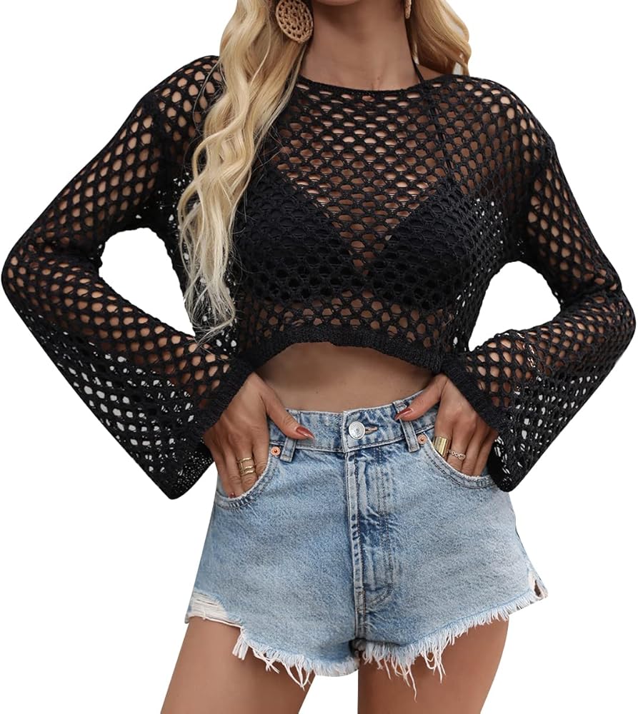 Women Rave Fishnet Tops Mesh Crochet Long Sleeve Crop Top Bikini Cover ups Hollow Bathing suit coverups