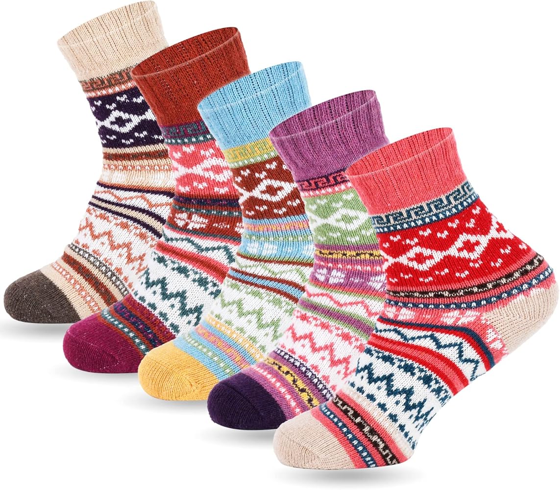 Wool Socks for Women, 5 Pairs Winter Warm Thick Crew Knit Socks Vintage Cozy Soft Cute Nordic Cabin Gifts