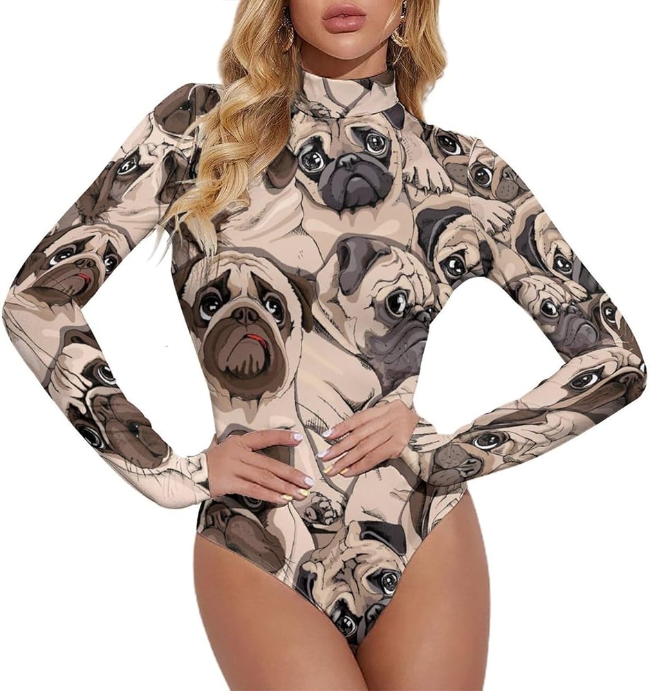 Funny Pug Faces Women's Bodysuit Tops Turtle Neck Long Sleeve Jumpsuit Print T Shirt