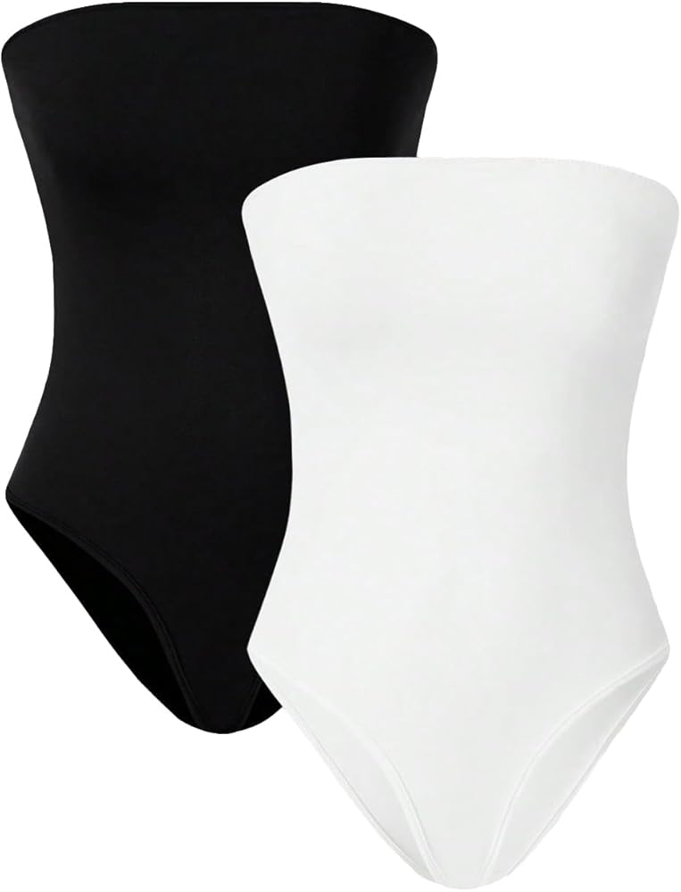 OYOANGLE Women's 2 Pack Strapless Sleeveless Tube Bodysuit Tops Basic Solid Leotard