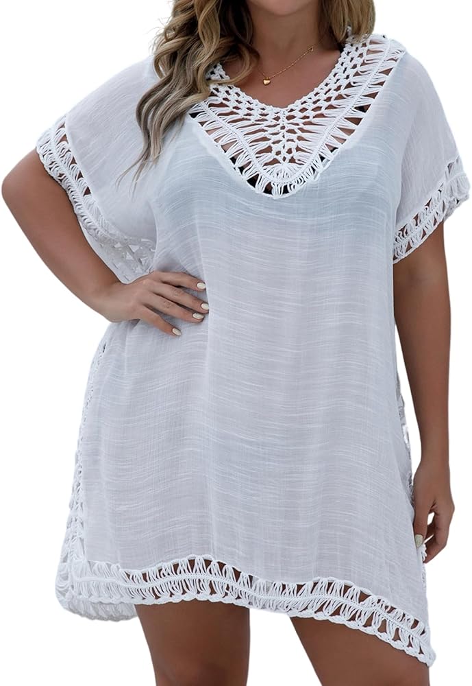 XAKALAKA Women's Plus Size BohoFeel Contrast Crochet Swim Cover Up Plus Bathing Suit Swimwear Pullover Beach Dress