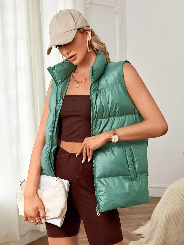 Womens Jackets Jackets for Women Zip Up Puffer Vest Coat (Color : Green, Size : X-Small)