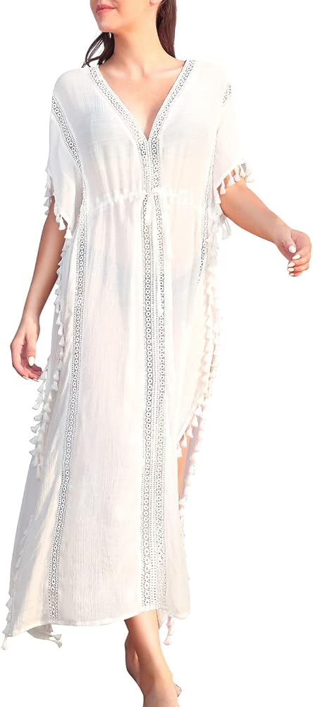 Pinup Fashion Women's Swimsuit Cover Up Tassel Trim Belted Beach Long Kaftan Coverups Dress