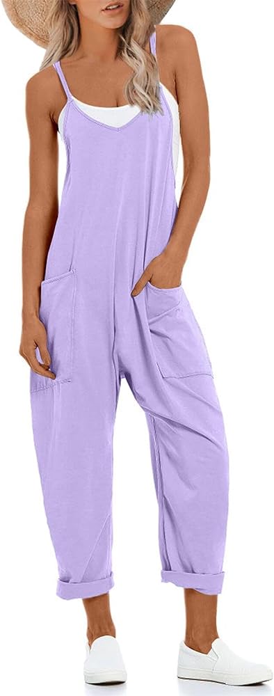 One Piece Jumpsuits for women V Neck Sleeveless Loose Fit overalls Spaghetti Strap Harem Long Pants with Pockets(Purple,M)