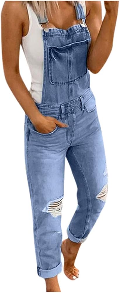 Casual Stretch Jeans Jumpsuit Denim Ripped Distressed Skinny Denim Bib Overalls Rompers