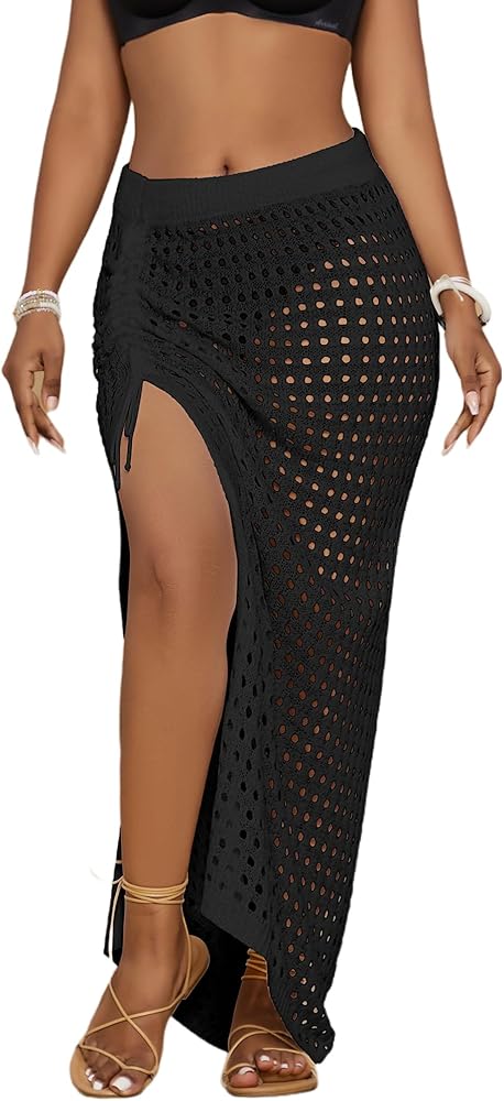 Bsubseach Crochet Cover Up Skirt 2024 Knit Drawstring Long Coverups for Swimwear Women Elastic Waist Beach Wrap S-L