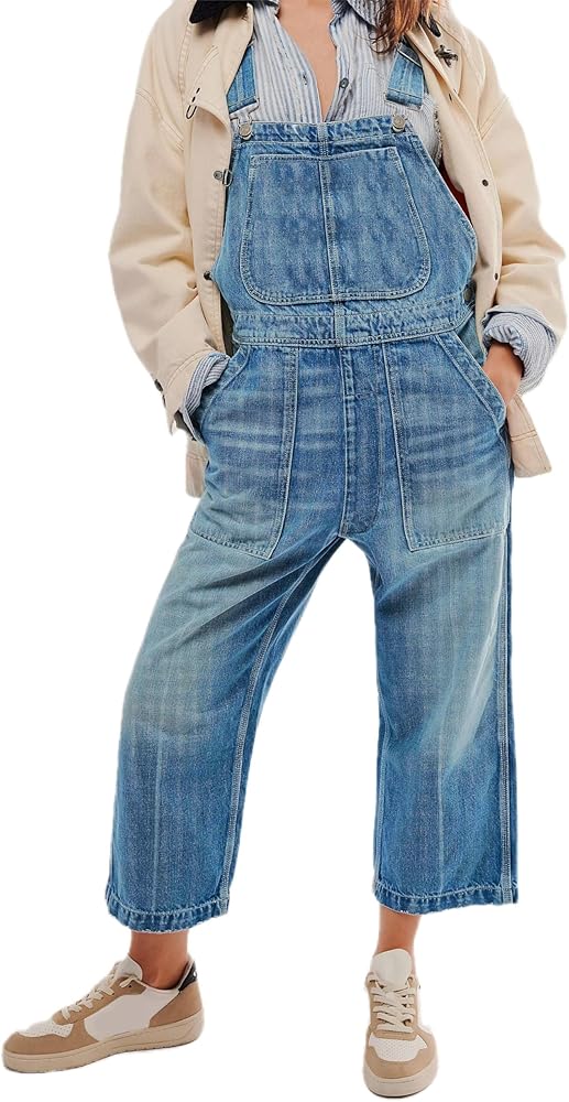 LifeShe Womens Overalls Denim Stretchy Adjustable Strap Jean Romper Baggy Straight Leg Jeans Bib Jumpsuits