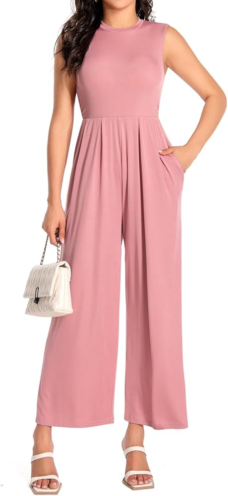 Women Casual Jumpsuits Summer Dressy One Piece Outfits Wide Leg Pants Rompers with Pockets