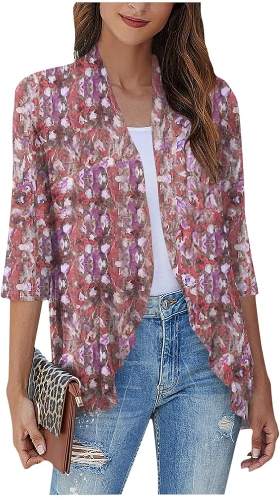 Womens Open Front Cardigan Lightweight Retro Print Cardigans 3/4 Sleeve Blouse Tops Coat Casual Duster Jackets