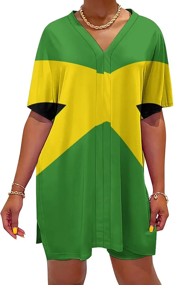 Jamaican Flag V-Neck Bat Sleeve Two Piece Set for Women Summer Top L