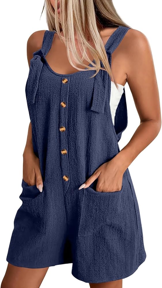 Women's Rompers For Summer Casual Loose Back Pants With Pockets Button Shorts Jumpsuit, S-2XL