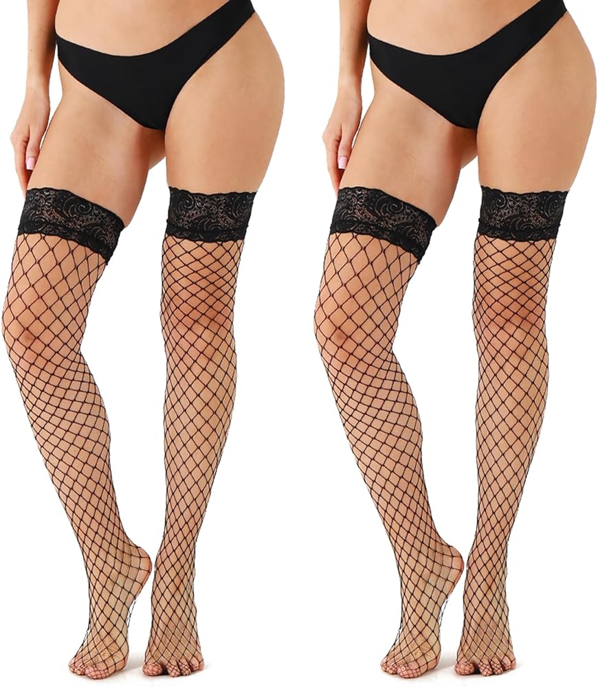 2 Pairs Fishnet Stockings For Women - Women's Black Fish Net Thigh High Socks Silicone Lace Top Sheer Over Knee Tights