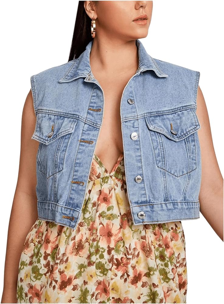 MakeMeChic Women's Plus Size Denim Vest Sleeveless Button Down Jean Vest Collared Flap Pocket Crop Denim Vest