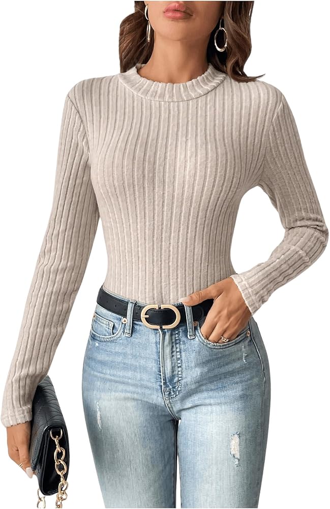 MakeMeChic Women's Casual Ribbed Knit Mock Neck Long Sleeve Solid Bodysuit Tee Shirt Top