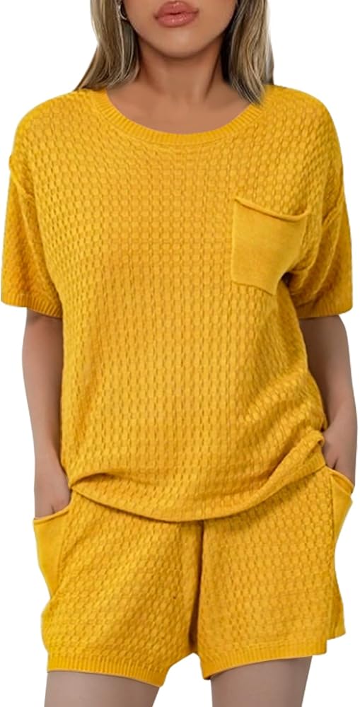 PEHMEA Women Knit Sweater Two Piece Outfits Short Sleeve Crew Neck Pullover and Shorts Lounge Set