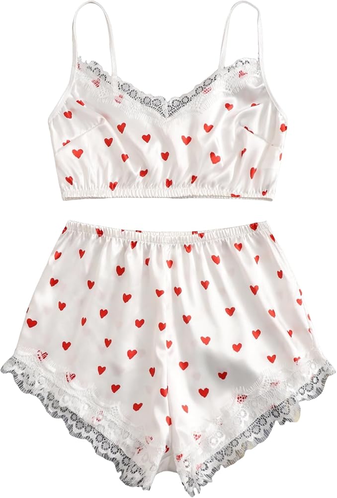 Floerns Women's 2 Piece Stain Heart Print Camisole Crop Top and Lace Shorts Pjs Sets