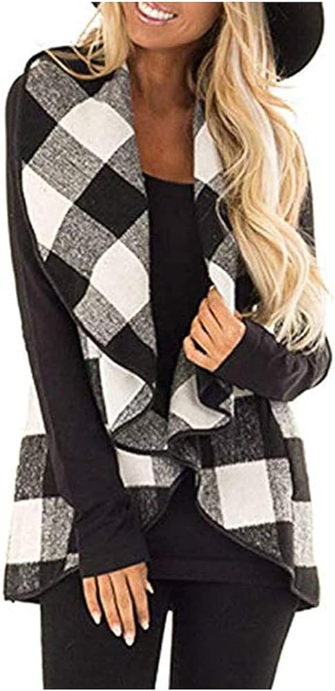 RMXEi Womens Vest Plaid Sleeveless Pockets Lapel Open Front Cardigan Jacket