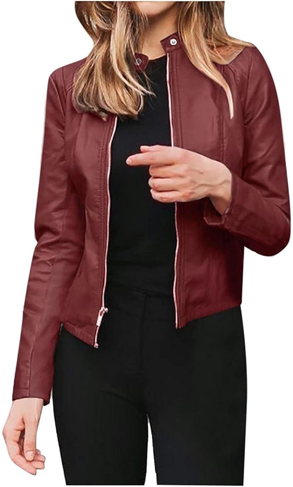 Women Leather Jacket Zip Snap Stand Collar Long Sleeve Outwear Cool Slim Jacket Coat for Vacation Daily Womens De