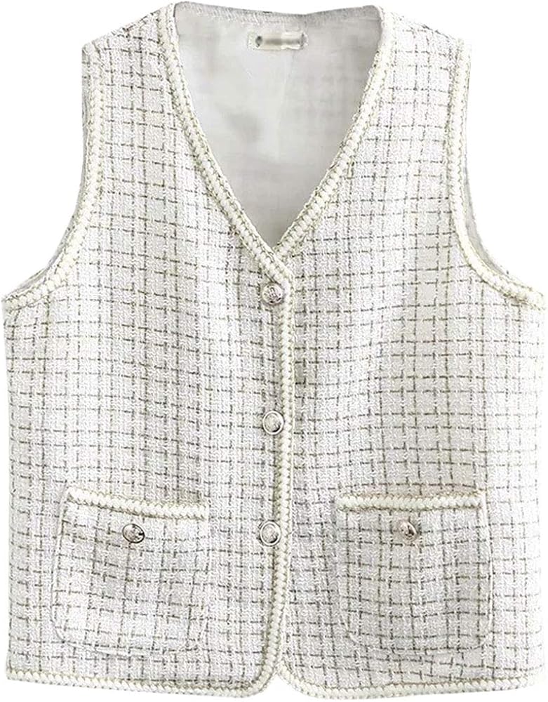 PAODIKUAI Women's V-Neck Button Front Tweed Vest Blazers Sleeveless Suit Jacket Coat