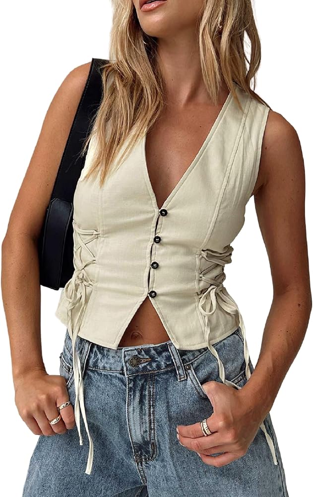 Women Button Front Vest Crop Top V Neck Sleeveless Y2k Waistcoat Jacket Vintage Fitted Gilet Tops Outwear