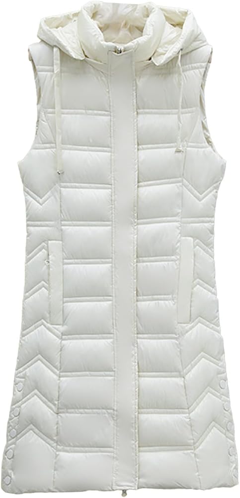 Winter Coats for Women,Trendy Quilted Long Hooded Sleeveless Vest Puffer Jacket Coats with Pockets Light Thin Gilet