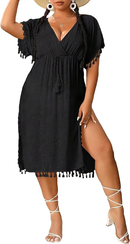 MakeMeChic Women's Plus Size V Neck Short Sleeve Tassel Coverups High Waisted Split Thigh Beach Cover Up Dress