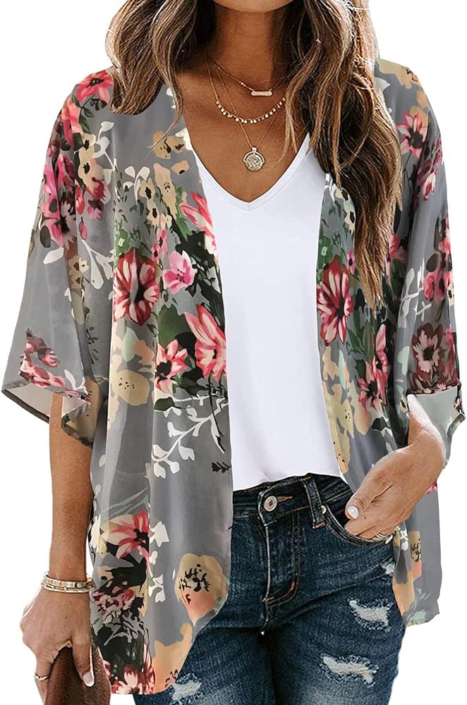 Kimono Cardigans for Women, Fashion Chiffon Cardigans Coverup Plus Size Hawaiian Travel Outfits Flowy Sheer Blouoses