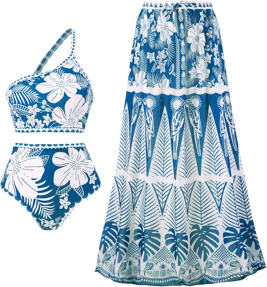 Women's 2 Pieces Swimsuit with Cover up Beach Skirt Sarongs and Floral Printed Bikini Bra Set Bathing Suit