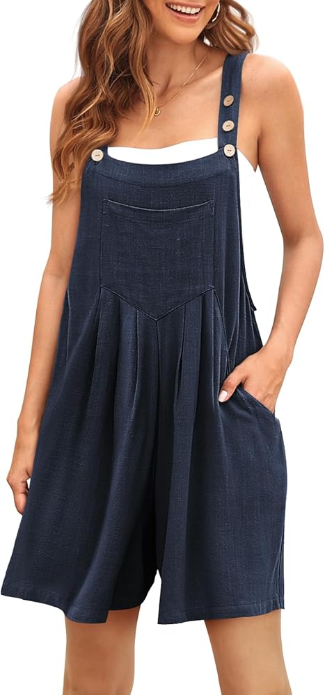 AUTOMET Jumpsuits for Women Casual Summer Shorts Overalls Button Up Comfy Rompers Sleeveless Jumpers with Pockets 2024