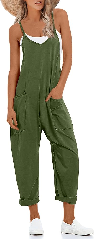 One Piece Jumpsuits for women V Neck Sleeveless Loose Fit overalls Spaghetti Strap Harem Long Pants with Pockets（Green，Medium）