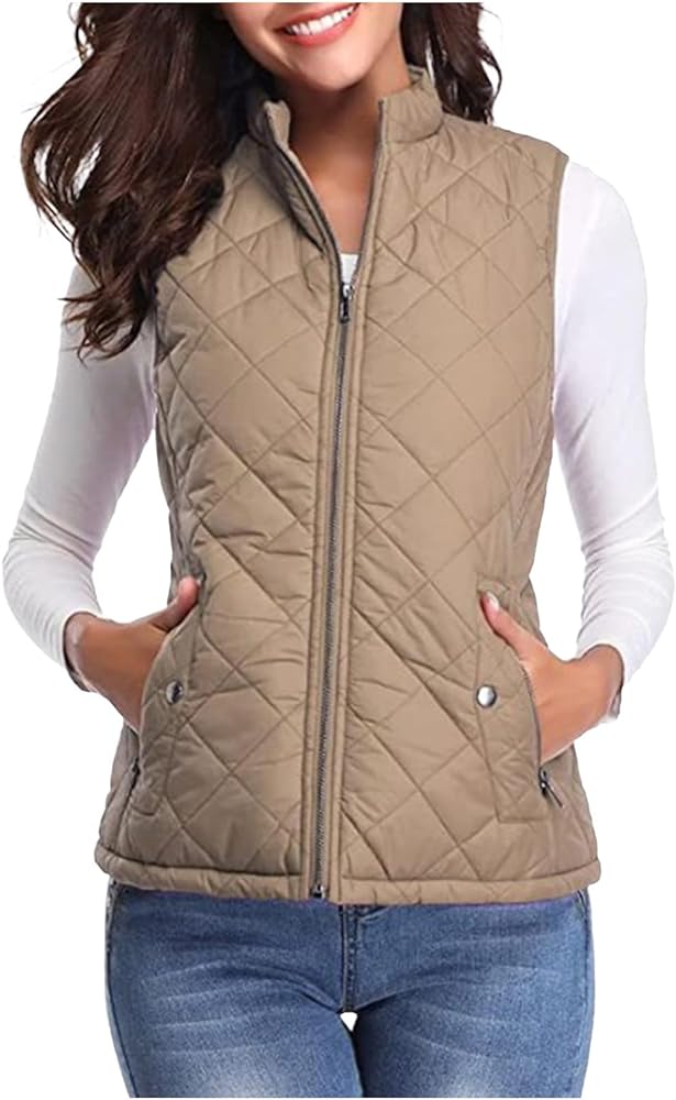 Puffer Vest Women Sleeveless Winter Outerwear Zip Up Quilted Coat Warm Lightweight Stand Collar Down with Pockets