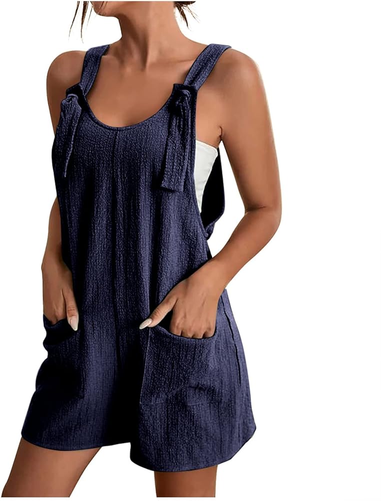 BOXIACEY Overall Shorts for Women Tie Knot Front Short Romper Summer Sleeveless Overalls Wide Leg Jumpsuit with Pockets