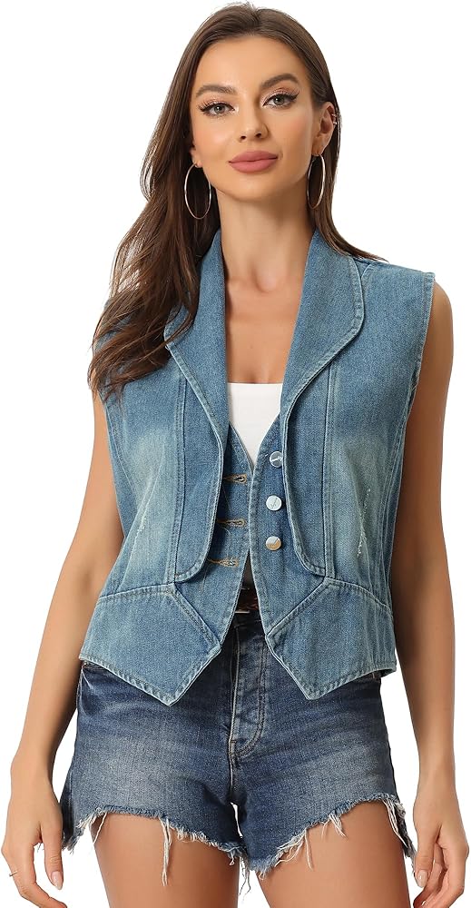 Allegra K Women's Denim Vest Casual Collar Button Down Waistcoat Distressed Sleeveless Jean Jacket