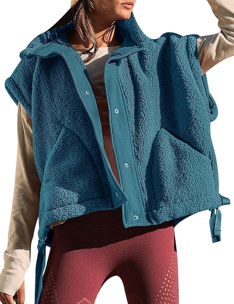 Women Oversized Fleece Vest Trendy Sleeveless Button Down Fuzzy Sherpa Jacket Winter Warm Outerwear Vest with Pockets