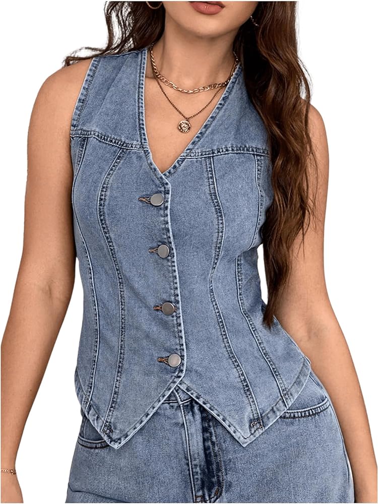 MakeMeChic Women's Sleeveless Button Down Denim Vest Jacket V Neck Asymmetrical Hem Crop Jean Waistcoat