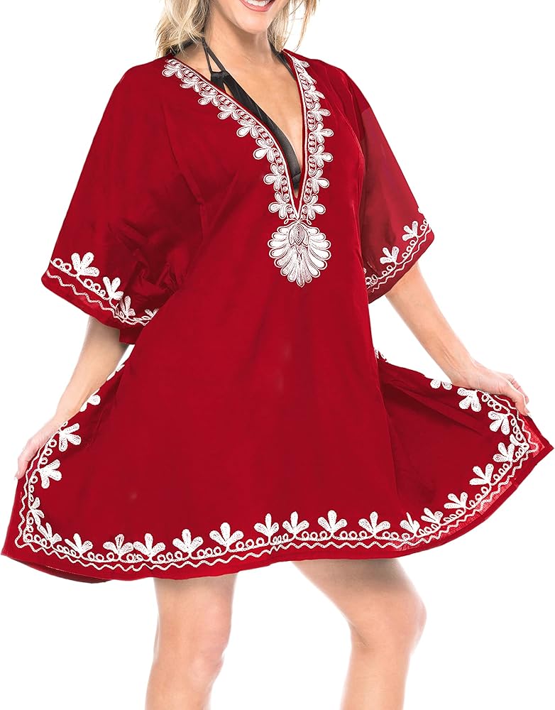 LA LEELA Women's Beachwear Summer Beach Dress Plus Size Fall Bathing Suit Cover Ups for Women 2X-3X Red_AC140