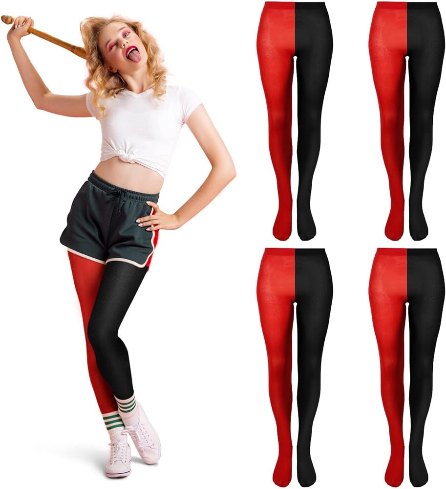 4 Pairs Halloween Two Toned Jester Tights Thigh High Opaque Stockings Pantyhose Elf Jester Stockings Hosiery Leggings with Reinforced Toe for Party Cosplay