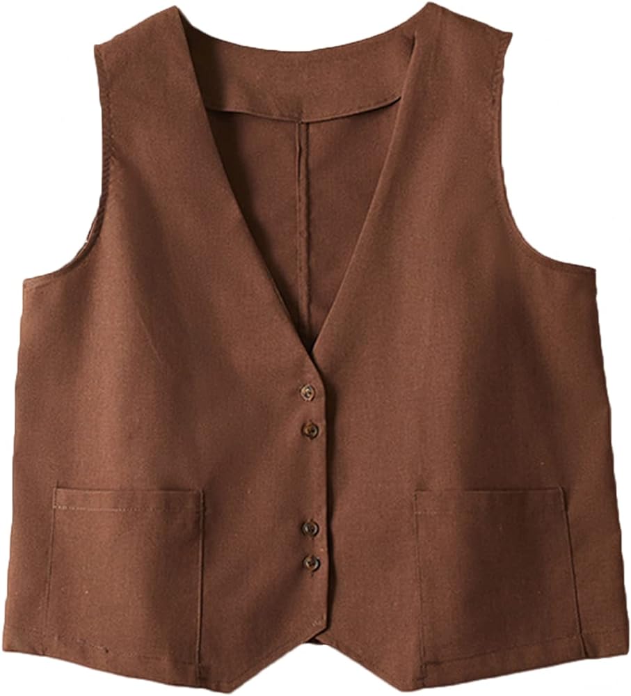 Women's Cotton Linen Vest Casual Button Down V Neck Blazer Waistcoat Sleeveless Jacket with Pockets