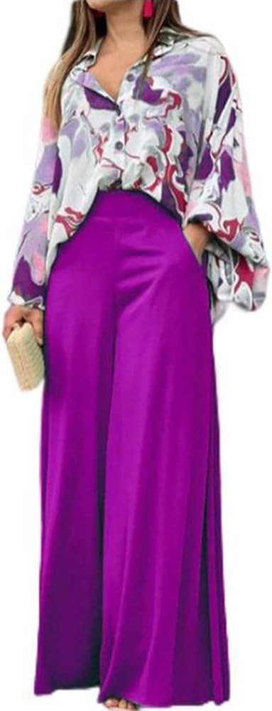 MRSYVES Two Piece Set For Women Loose Printed Lapel Shirt Wide Leg Pants With Pocket Casual Office Vacation Wedding Outfit Purple-L