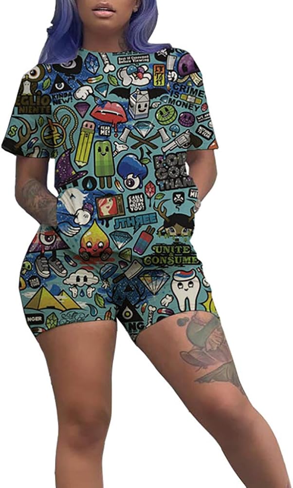 WOKANSE Women's Fashion Printed Short Sleeve T-Shirts Shorts Set Sportswear Two Piece Outfits