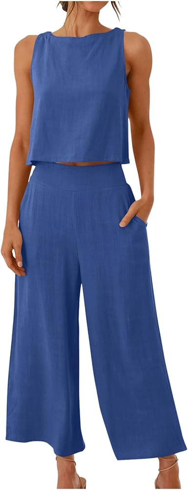 Summer Outfits for Women Comfy Sleeveless Tank Crop Button Back Top Capri Wide Leg Pants Linen Sets with Pockets