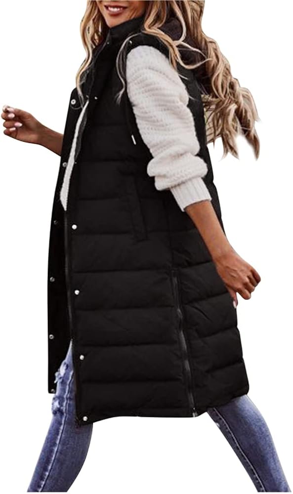 chouyatou Women's Long Sleeveless Quilted Puffer Vest Side Zipper Hooded Jacket Coat