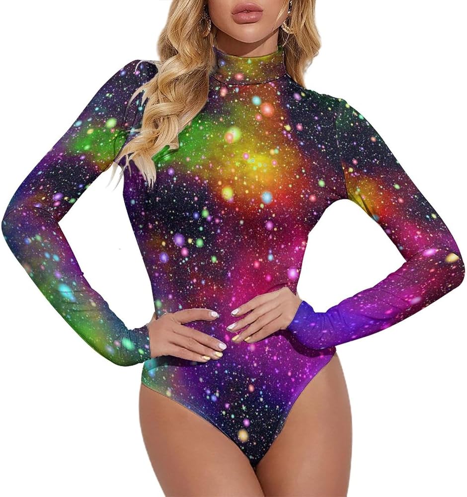 Bright Colorful Abstract Galaxy Universe Women's Long Sleeve Bodysuit Turtleneck Tops Stretch Jumpsuit T Shirts