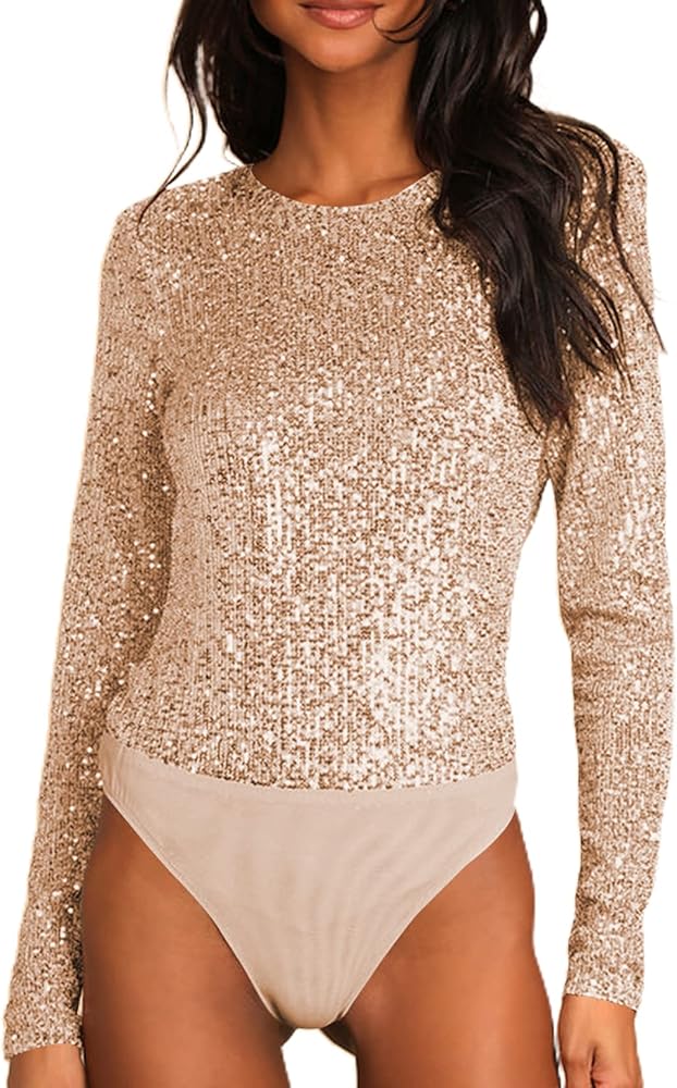 Womens Sequin Tops Long Sleeve Sparkly Glitter Party Leotard Bodysuit Top Low Back Sequined T Shirt Clubwear Night